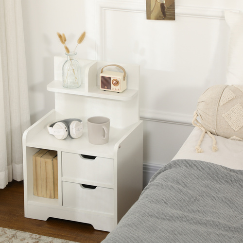 HOMCOM Bedside Table, Small Bedside Cabinet with 2 Drawers and Storage Shelves, Modern Nightstand for Bedroom, White