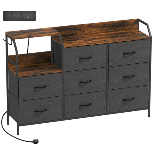 HOMCOM Chest of Eight Drawers, with Charging Station - Brown/Black