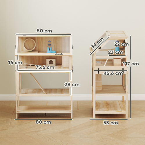PawHut Wooden Hamster Cage with Detachable Lower Floor, Storage Shelf, Hut, Seesaw, Exercise Wheel, Ramps for Hamster