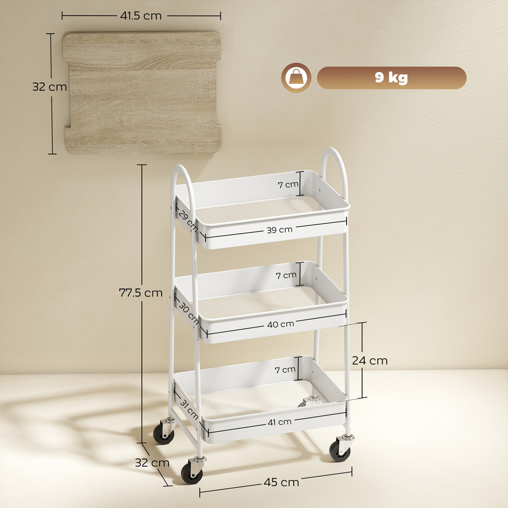 HOMCOM 3-Tier Kitchen Storage Trolley with on Wheels Cover Top Board - White and Oak