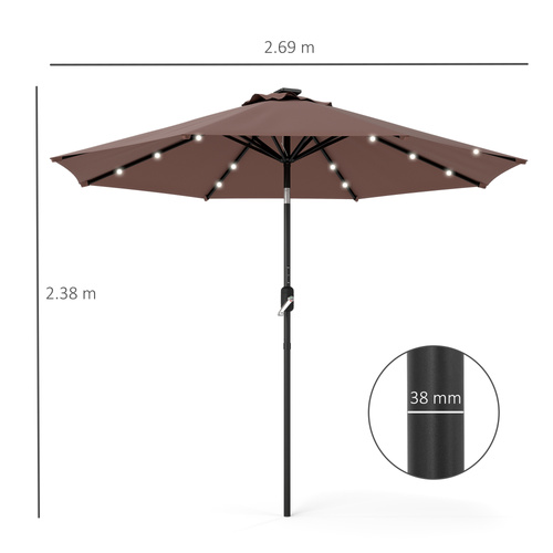 Outsunny Φ2.7m Garden 24 LED Light Parasol Solar Outdoor Tilt Sun Umbrella Patio Club Party Event Manual Sun Shade w/ Hand Crank and 8 Ribs, Brown