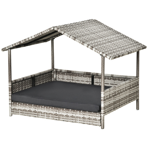 PawHut Wicker Dog House, Rattan Pet Bed, with Removable Cushion, Canopy, for Small and Medium Dogs - Dark Grey