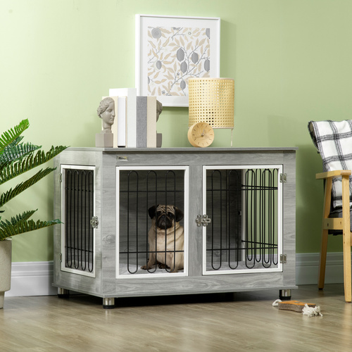 PawHut Dog Crate Furniture End Table, with Washable Cushion, Double Doors, for Medium/Large Dogs, Grey