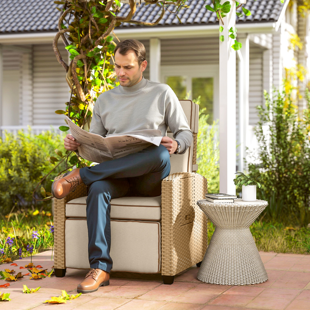 Outsunny 145° Reclining Rattan Armchair, with Footrest - Khaki/Beige