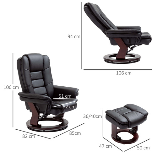 HOMCOM Recliner Chair With footstool, Recliner Armchair up to 130kg Weight Capacity, 135° Reclining Swivel Sofa Chair, PU Leather Ergonomic Couch Bed with Swivel Wood Base for Living Room, Black