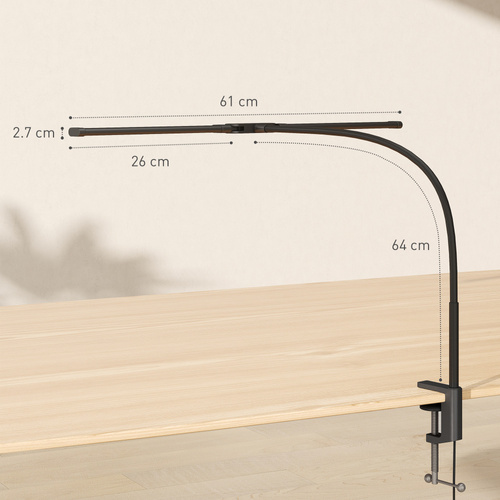 HOMCOM LED Desk Lamp with Clamp, Double Head Table Lamp with 3 Colour Modes & 10 Brightness Levels, Flexible Gooseneck Reading Desk Light with Timer and Memory Function for Study, Office, Work, Black
