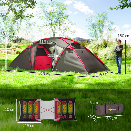 Outsunny 4-6 Man Family Camping Tent w/ 2 Bedrooms and a Living Room, Waterproof Tunnel Tent w/ Sewn In Groundsheet, Doors, Windows, Carry Bag, Grey