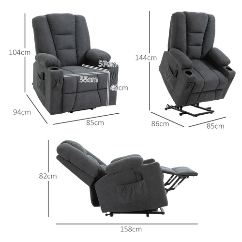 HOMCOM Electric Riser Recliner Armchair， Oversized Chair with Cup Holder & Side Pockets for Elderly in Living Room, Charcoal Grey