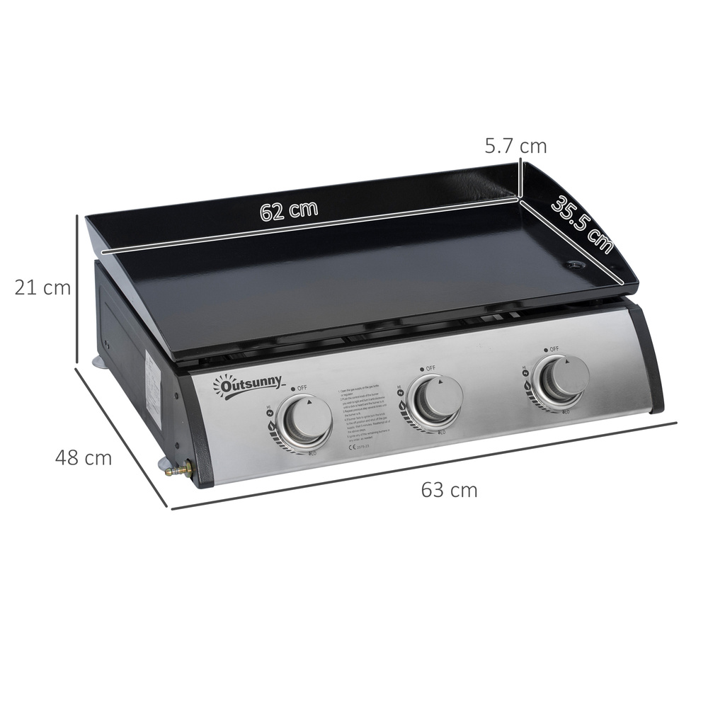 Outsunny Gas Plancha Barbecue Grill with 3 Stainless Steel Burner, 9kW, Portable Tabletop Gas BBQ with Non-Stick Griddle for Camping Picnic Garden Party Festival