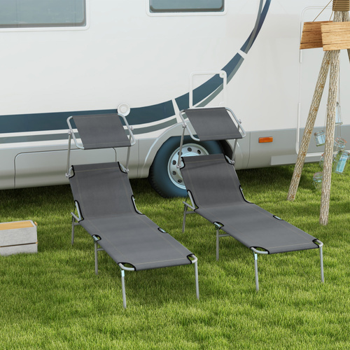 Outsunny Outdoor Foldable Sun Lounger Set of 2, 4 Level Adjustable Backrest Reclining Sun Lounger Chair with Angle Adjust Sun Shade Awning for Beach, Garden, Patio, Grey