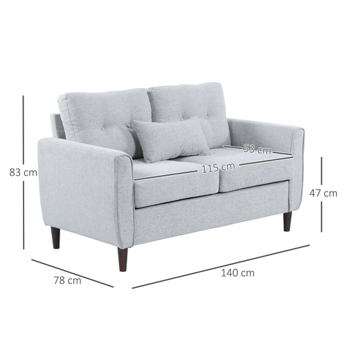 HOMCOM 2 Seater Sofa with Spring Cushion, Fabric Sofa with Wooden Legs, Modern Love Seat for Living Room, 140cm Width Tufted Couch for Bedroom, Light Grey