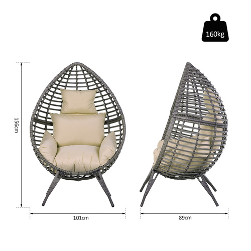 Outsunny Garden Egg Chair, Teardrop Outdoor PE Rattan Chair with Full-body Soft Padded Cushion, Grey