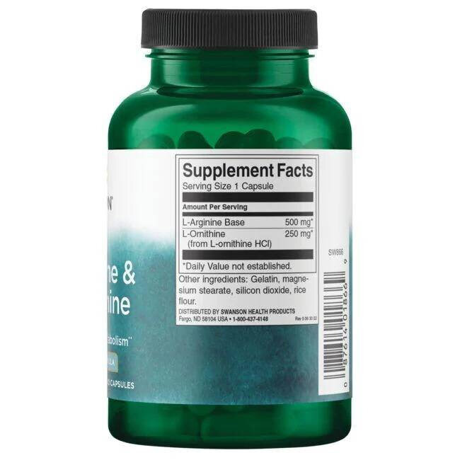 Swanson L-Arginine and L-Ornithine 750mg for Metabolism Support 100 Capsules