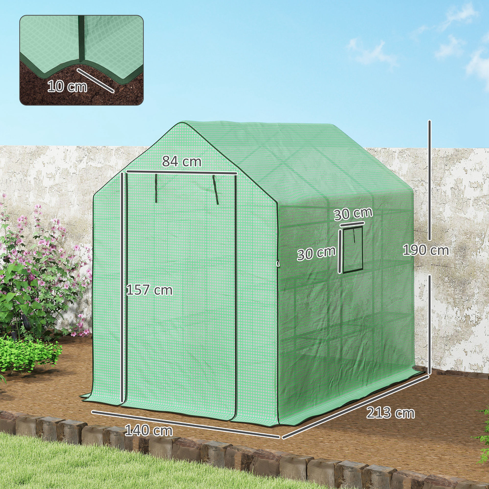 Outsunny Walk-in Greenhouse with 3 Tier 12 Shelves, Small Greenhouse with Reinforced PE Cover, Garden Plant Growhouse with Roll-up Door and Three Mesh Windows, 140 x 213 x 190 cm, Green