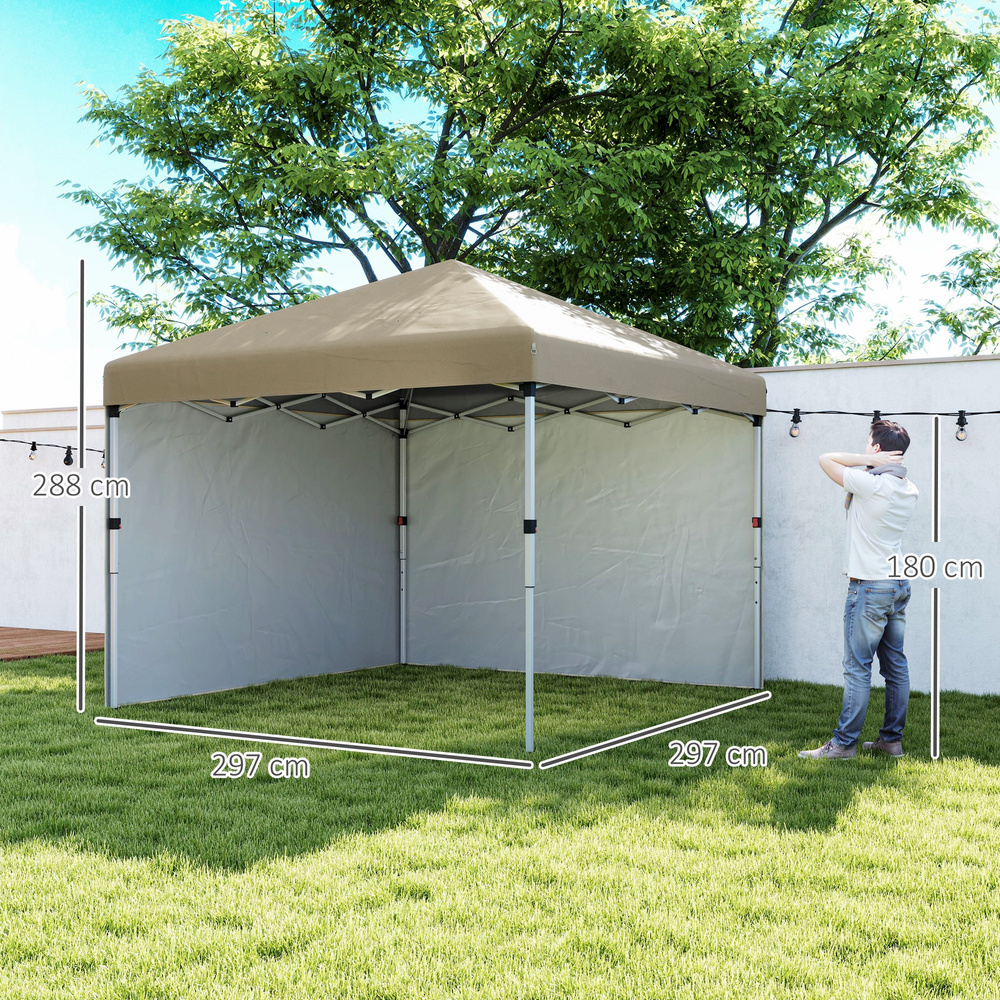 Outsunny 3 x 3 (M) Pop Up Gazebo, UPF 30+ with 2 Sidewalls, Leg Weight Bags and Wheeled Bag, Height Adjustable Party Tent Event Shelter for Garden, Patio, Khaki