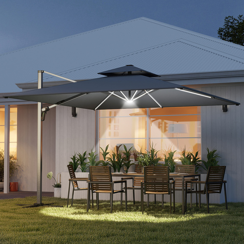 Outsunny 3(m) Garden Cantilever Parasol with Solar LED Lights, Cross Base, 360° Rotation, Crank Handle and Tilt, Grey