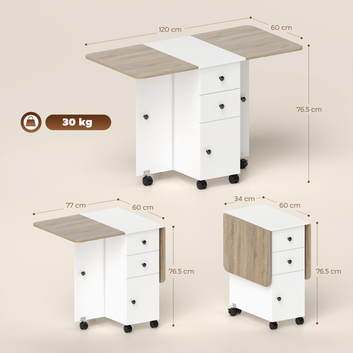 HOMCOM Multi-Storage Six-Person Drop Leaf Dining Table -  Oak and White