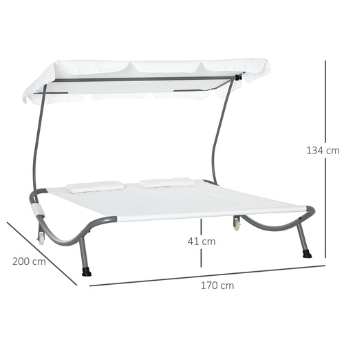 Outsunny Double Sun Lounger with Adjustable Detachable Canopy, Portable Garden Daybed for 2 with Wheels, Outdoor Sunbed Hammock with 2 Pillows, 220 KG Max. Load, White