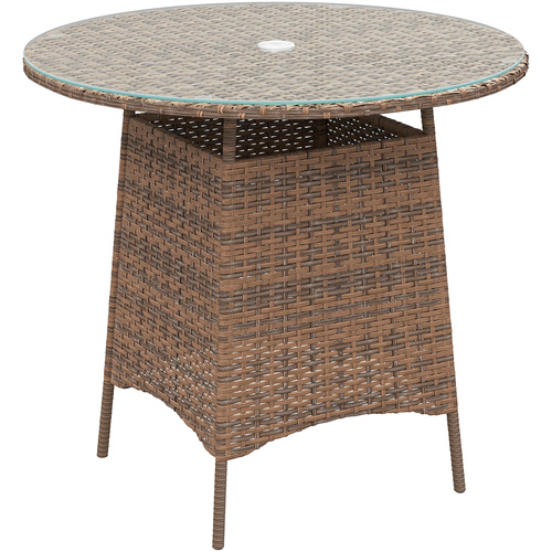 Outsunny Wicker Garden Rattan Table, Patio Furniture Outdoor Coffee Table with Umbrella Hole and Tempered Glass Top, Brown