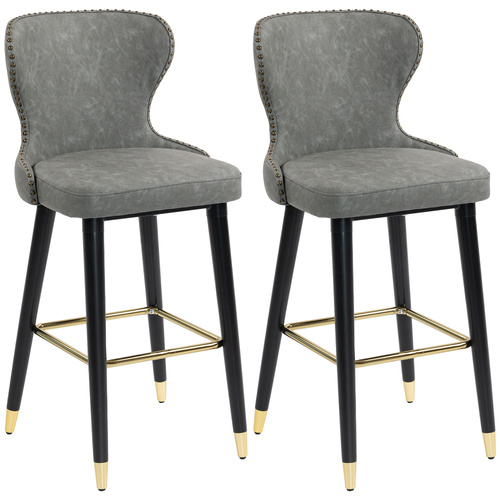 HOMCOM Bar Stools Set of 2, PU Leather Barstools with Back, Footrest and Wood Legs for Kitchen, Counter, Breakfast Bar, Grey