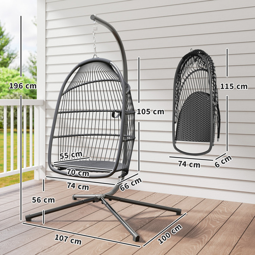 Outsunny Rattan Hanging Egg Chair with Stand, Foldable Wicker Swing Egg Chair with Cushion, Head Pillow, Steel Frame, Hammock Chair for Indoor Outdoor, Capacity 150 kg, Dark Grey
