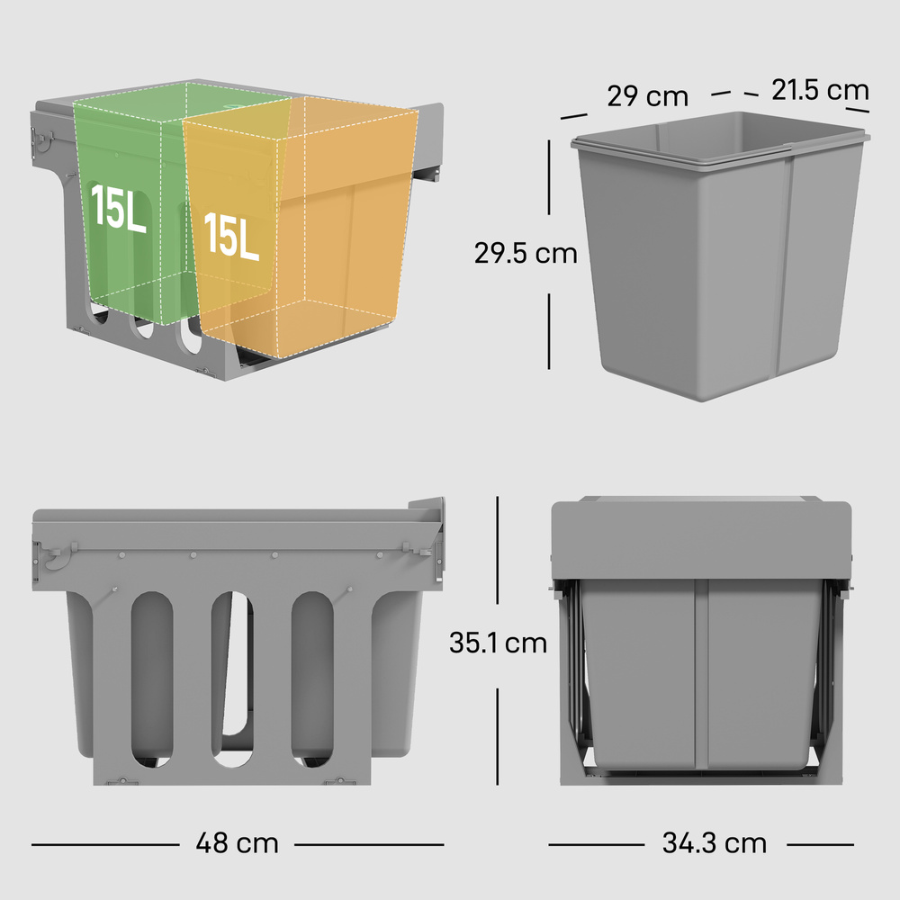 HOMCOM Pull Out Bin, Under Sink Bin - 2 Removable Compartments (15L Each) for 400mm Cabinets, Light Grey