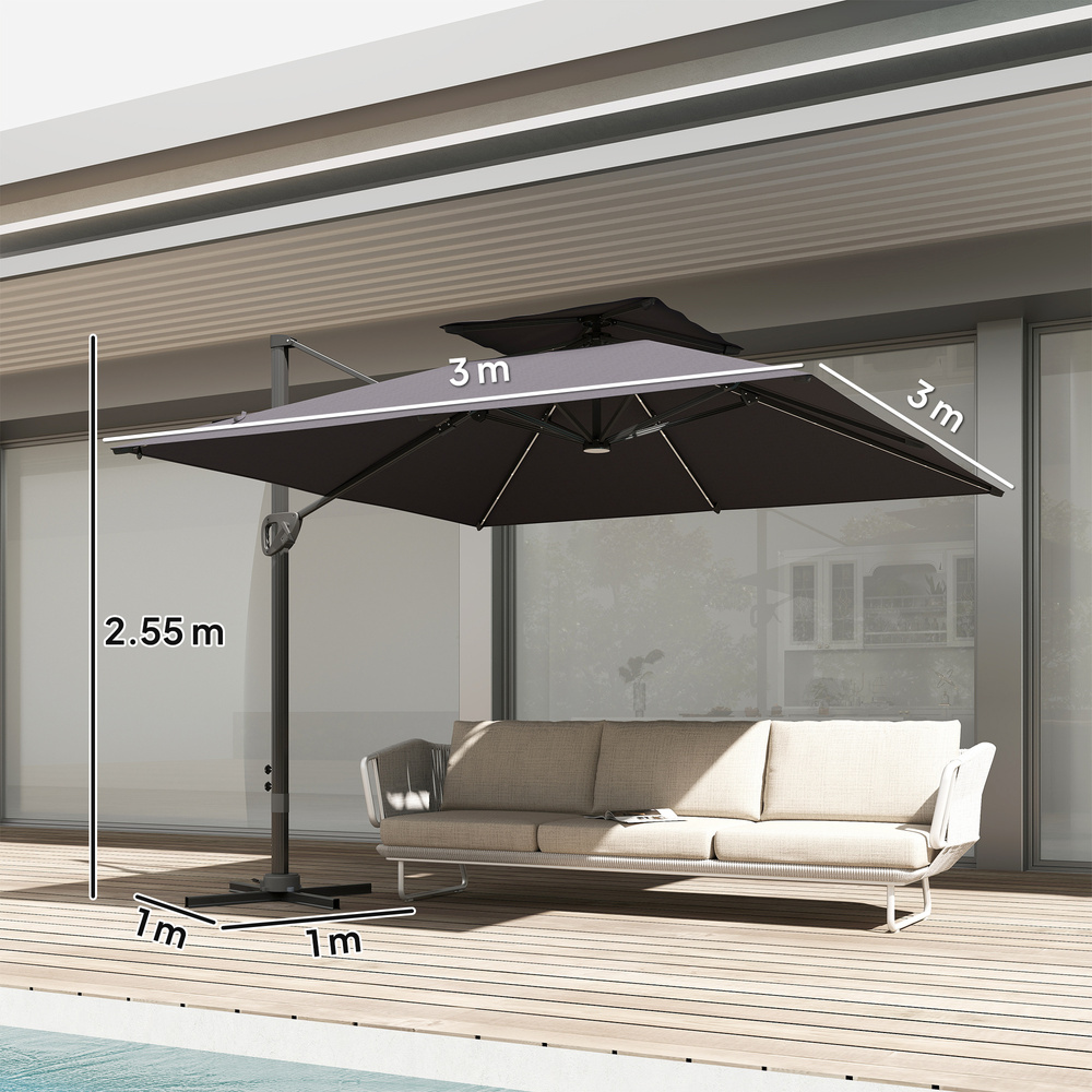 Outsunny 3.5x3 m Garden Cantilever Parasol with Solar LED Lights and Centre Light, Aluminium Large Square Patio Umbrella, UPF50+ Hanging Sun Shade with Cross Base, Crank Handle and Tilt, Grey