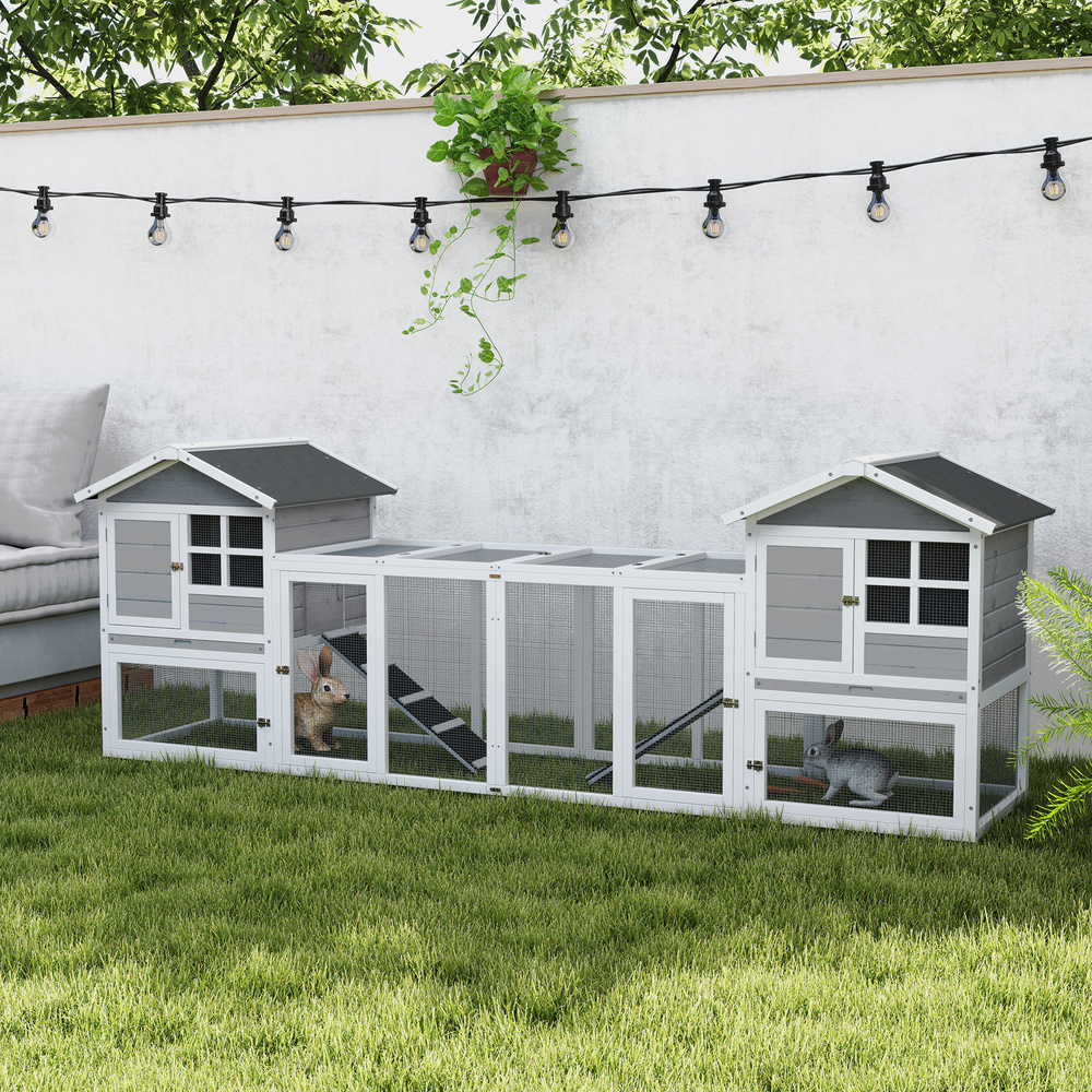 PawHut 2 in 1 Rabbit Hutch Outdoor Guinea Pig Hutch Bunny Run Double Main House with Run, No-Leak Tray 259 x 64 x 92cm, Grey