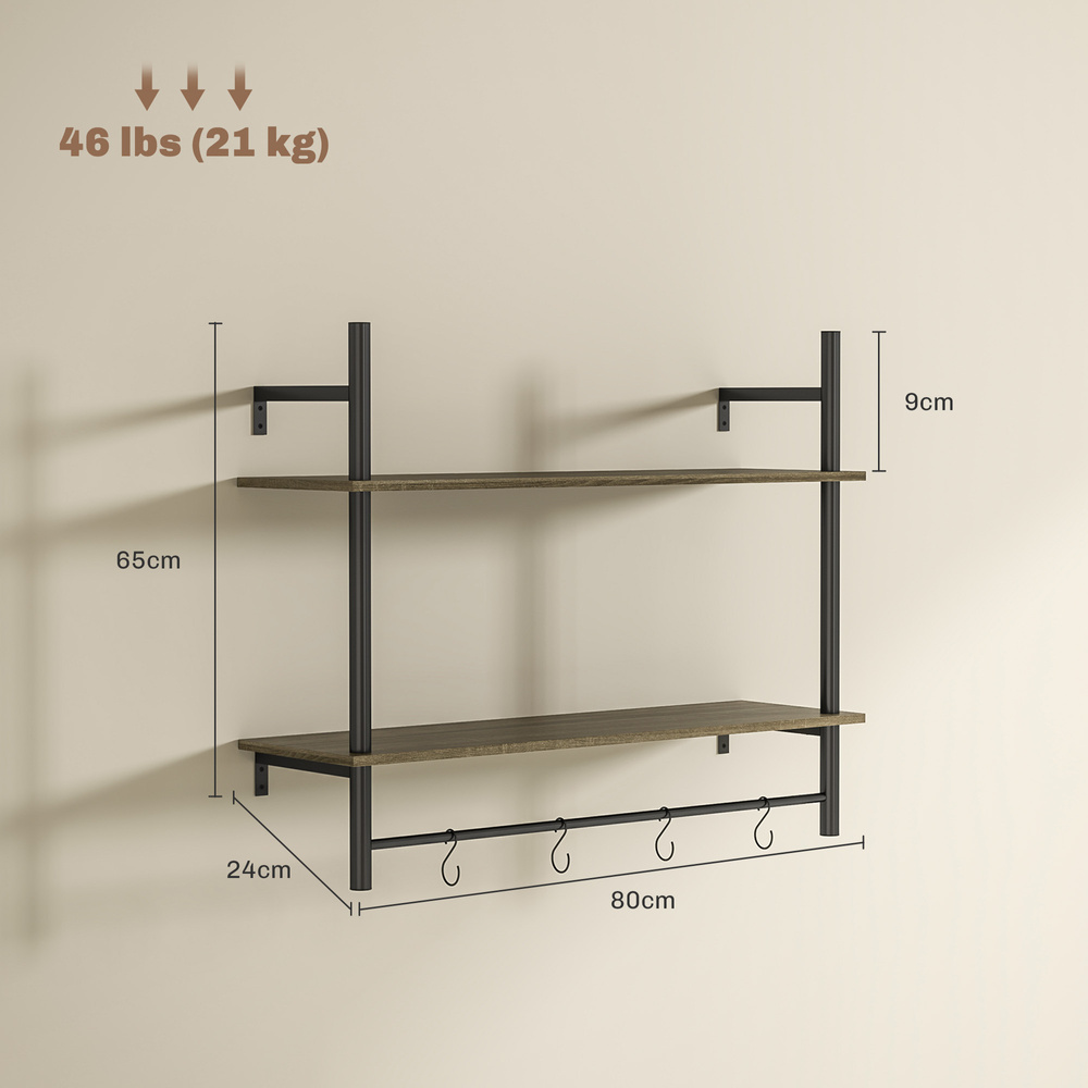 HOMCOM Wall Mounted Floating Shelves with 4 Hooks, Rustic Wall Shelf Unit for Living Room, Entryway, Grey