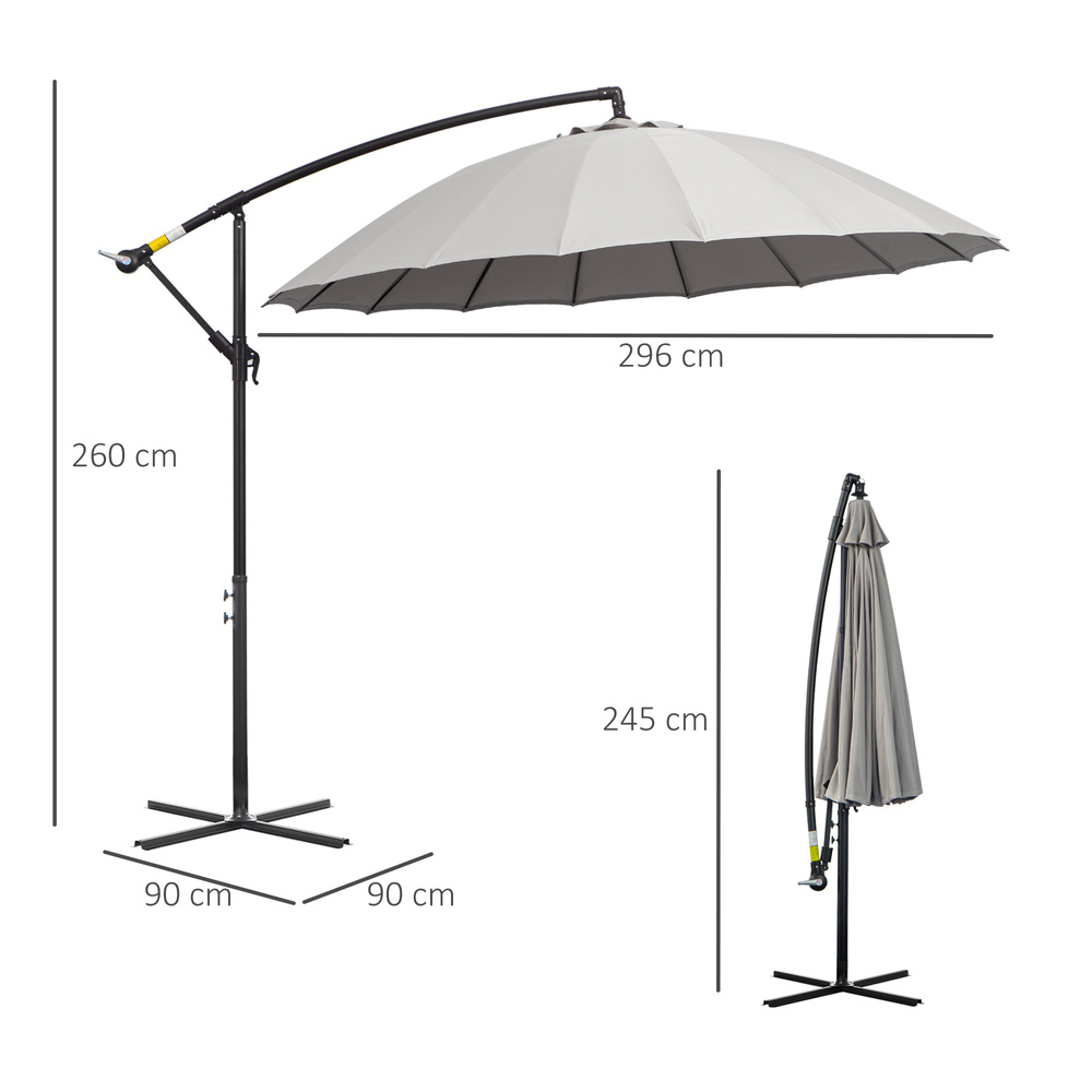 Outsunny 3(m) Cantilever Umbrella 18 Ribs & Vents Adjustable Angle for Patio Light Grey