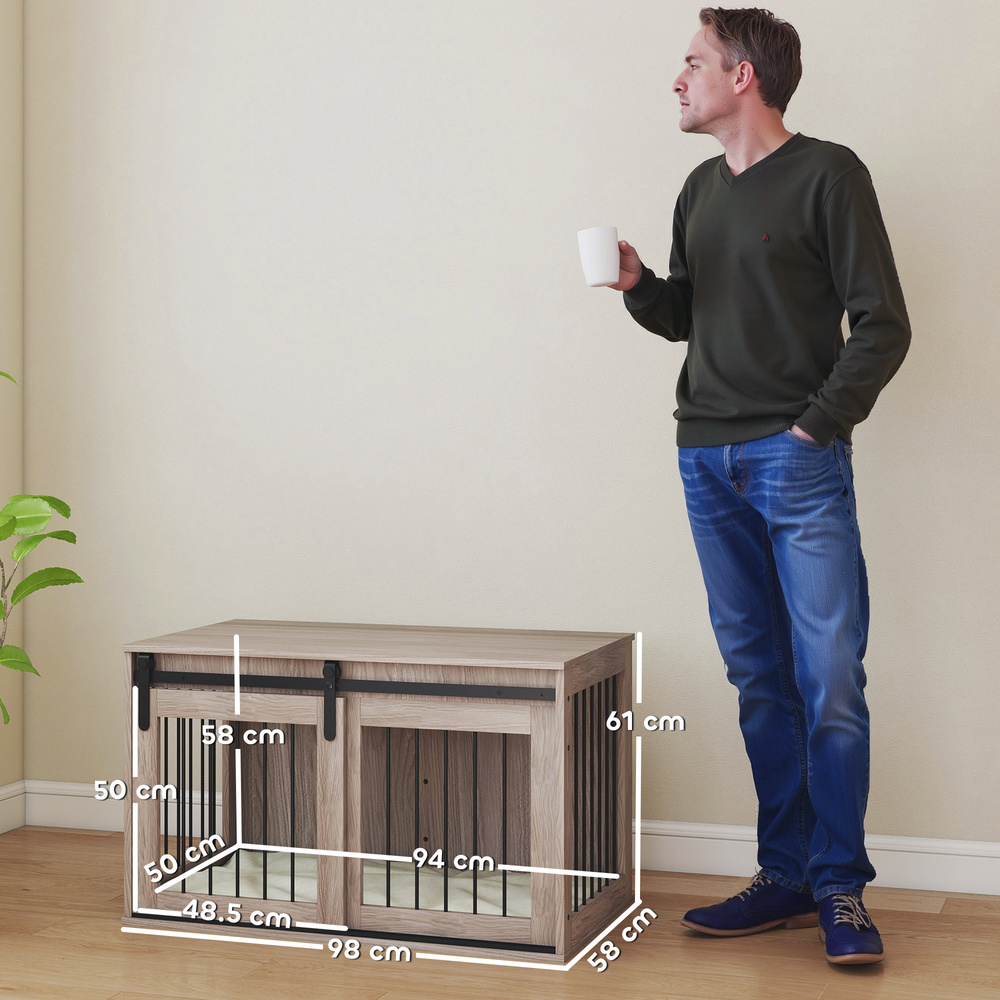 PawHut 98cm Dog Crate Furniture with Removable Cushion for Large Dogs - Brown