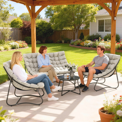 Outsunny 4 Seater Garden Furniture Set, Conversation Set with Loveseat Sofa, Chairs, Glass Coffee Table, Thick Cushions, Steel Outdoor Sofa for Balcony, Poolside, Conservatory, Light Grey