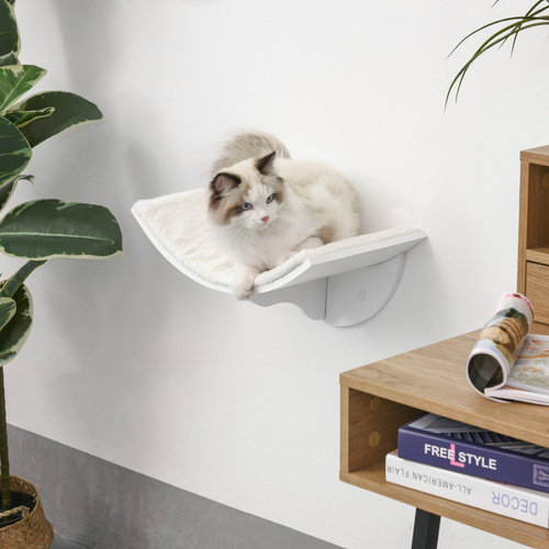 PawHut Wood Cat Shelves, Wall-Mounted Cat Shelter, Curved Kitten Bed Perch Climber Furniture 41 x 28 x 21cm White