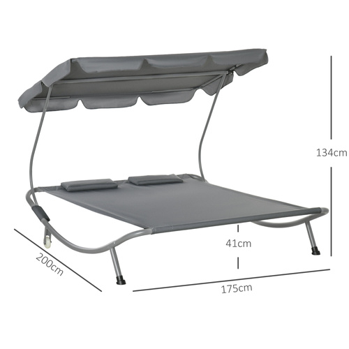 Outsunny Double Sun Lounger with Adjustable Detachable Canopy, Portable Garden Daybed for 2 with Wheels, Outdoor Sunbed Hammock with 2 Pillows, 220 KG Max. Load, Grey
