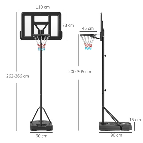 SPORTNOW Height Adjustable Basketball Stand Net Set System, Freestanding Basketball Hoop and Stand w/ Wheels, 200-305cm - Black