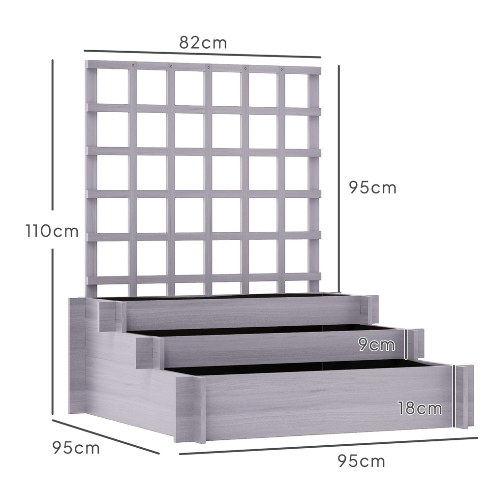 Outsunny 3 Tier Garden Planters with Trellis for Vine Climbing, Wooden Raised Beds, 95x95x110cm, Grey