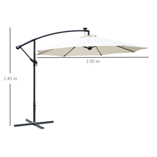 Outsunny Umbrella Parasol W/Solar Powered LED strips, Φ2.95x2.45H m-Cream