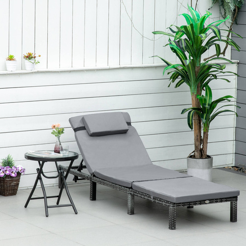 Outsunny Rattan Sun Lounger, 5-Level Adjustable Garden Lounger Recliner with Cushion and Headrest, Outdoor Reclining Sunbed, Steel Frame Garden Chair for Patio, Beach, Terrace, Dark Grey