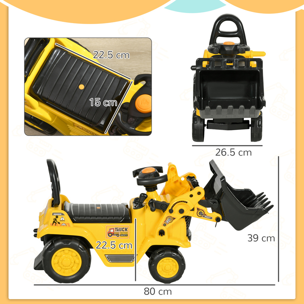 HOMCOM Ride On Tractor, 3 in 1 Ride On Excavator Toy, Toddler Digger Bulldozer with Storage, Pretend Play Construction Truck, NO POWER for 18-48 Months, Yellow