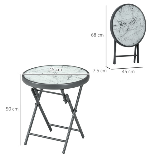 Outsunny Φ45cm Garden Side Table, Outdoor Round Folding Patio Table with Imitation Marble Glass Top, Small Coffee Table, White