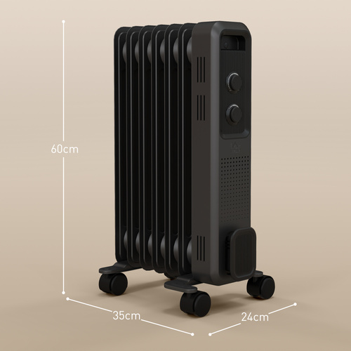 HOMCOM 1500W Oil Filled Radiator, Portable Electric Heater with 3 Heat Settings, Safety Cut-Off and Wheels, Grey