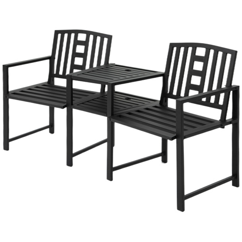 Outsunny 2 Seat Garden Chair Bench Loveseats Jack and Jill Seat w/Coffee Table Slatted Design Patio Yard