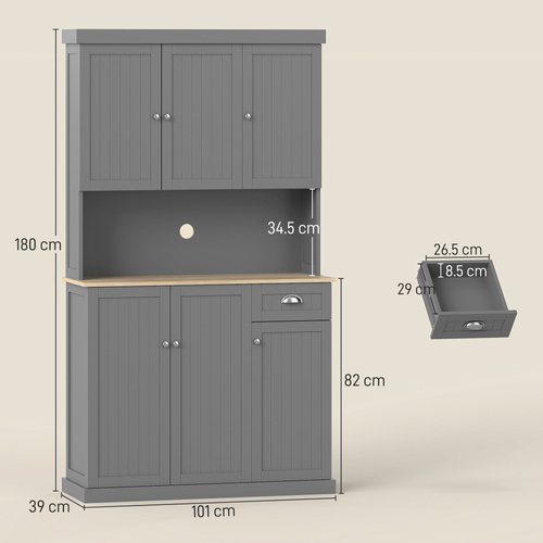 HOMCOM 180cm Freestanding Kitchen Cabinet, Modern Storage Cupboard with Open Countertop, Drawer and 6 Doors, Grey
