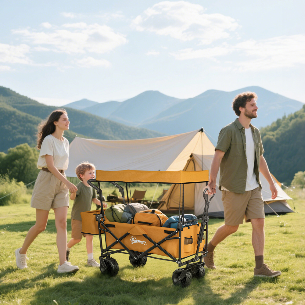 Outsunny 120L Festival Trolley on Wheels, Folding Camping Trolley Cart with Removable Canopy, All-Terrain Wheels, Adjustable Handle, Push or Pull for Garden Beach Fishing Shopping, Orange