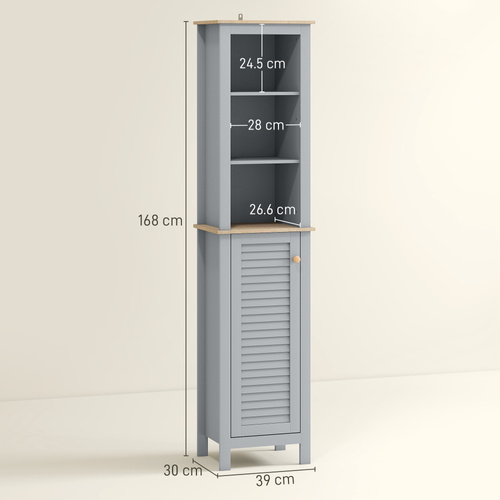 kleankin Bathroom Floor Storage Cabinet with 3 Tier Shelf and Cupboard with Door, Free Standing Linen Tower, Tall Slim Side Organizer Shelves, Grey