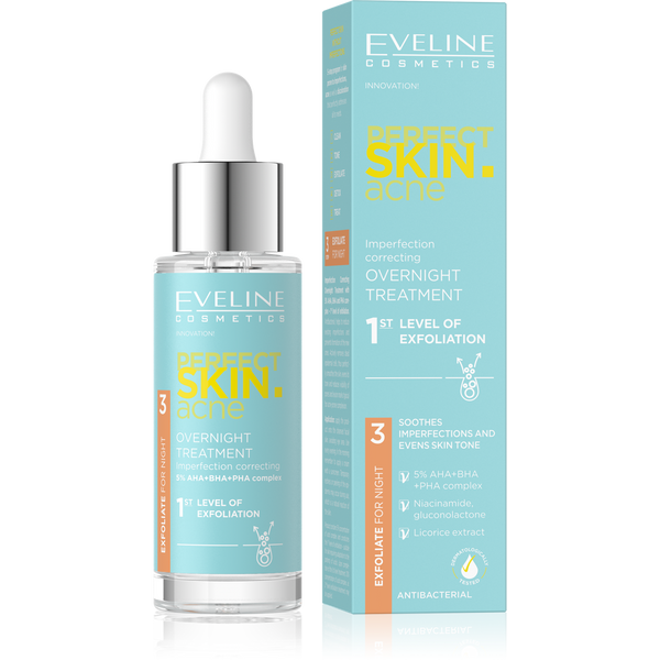 Eveline Perfect Skin Acne Kuracja na Noc Korygująca Niedoskonałości 1 Stopień Złuszczania 5% Acid Complex 30ml