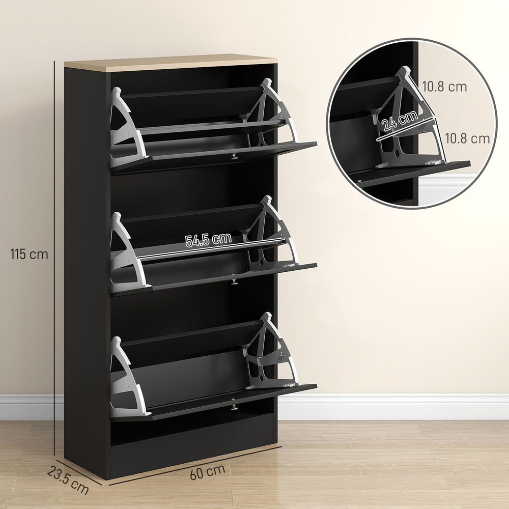 HOMCOM Modern Compact Three-Drawer Shoe Storage Cabinet - Black