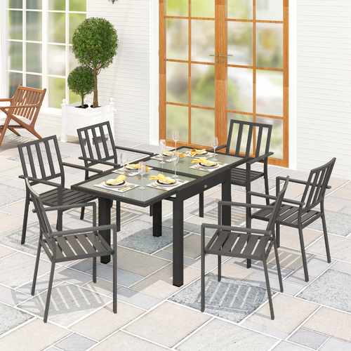 Outsunny Extending Garden Table, Outdoor Dining Table with Aluminium Frame and Tempered Glass Tabletop, 80/160 x 80 x 75 cm, Black and Clear
