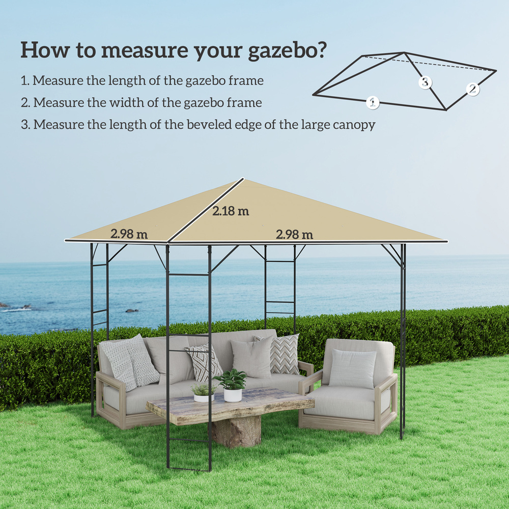 Outsunny 3 x 3(m) Gazebo Canopy Replacement Cover, Garden Gazebo Roof Replacement with Drain Holes, Water Resistant PVC Coating, 370g/㎡, UPF30+, TOP COVER ONLY, Beige