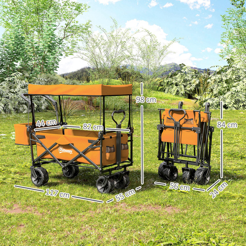 Outsunny 120L Festival Trolley on Wheels, Folding Camping Trolley Cart with Removable Canopy, All-Terrain Wheels, Adjustable Handle, Push or Pull for Garden Beach Fishing Shopping, Orange